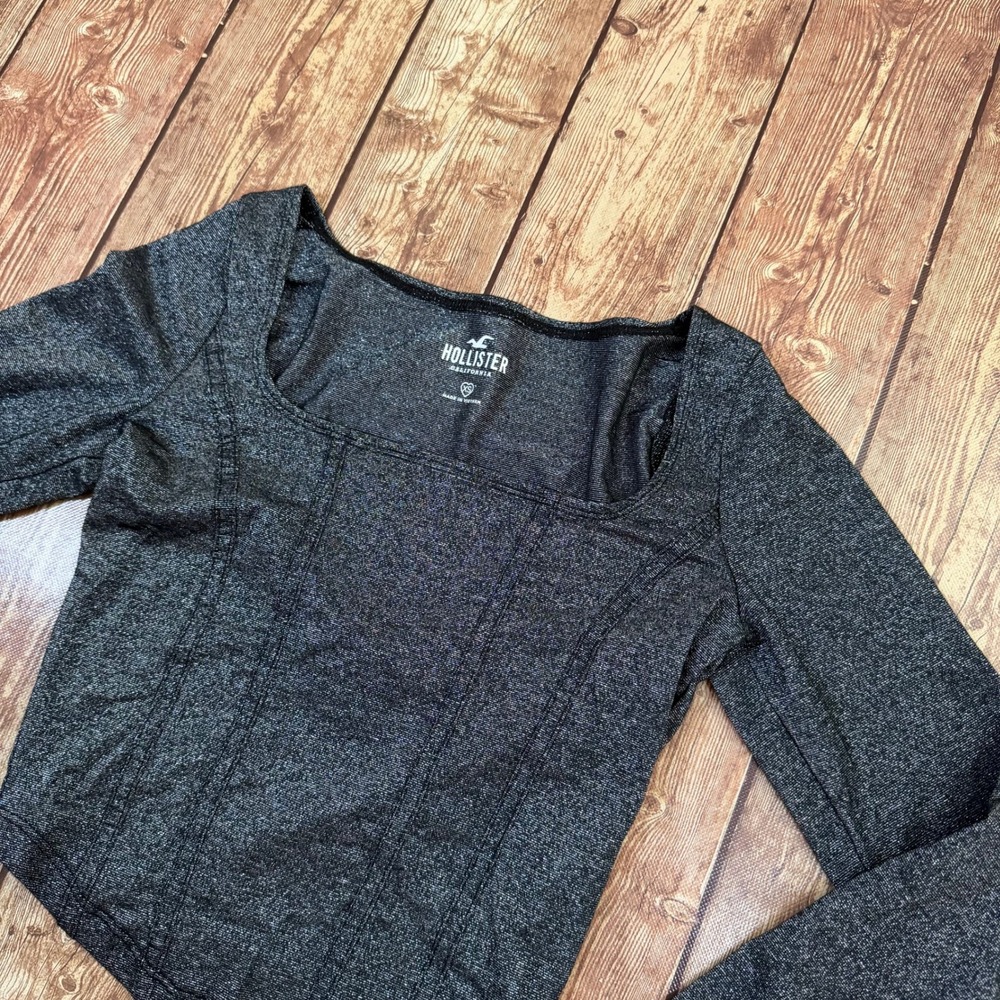 Hollister Corset Seam Top Womens Extra Small Dark Gray Glitter Long Sleeve